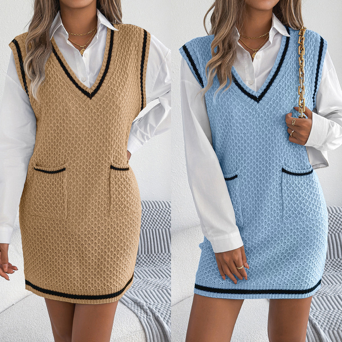 Womens Casual Sleeveless V-neck Knitted Dress with Pockets