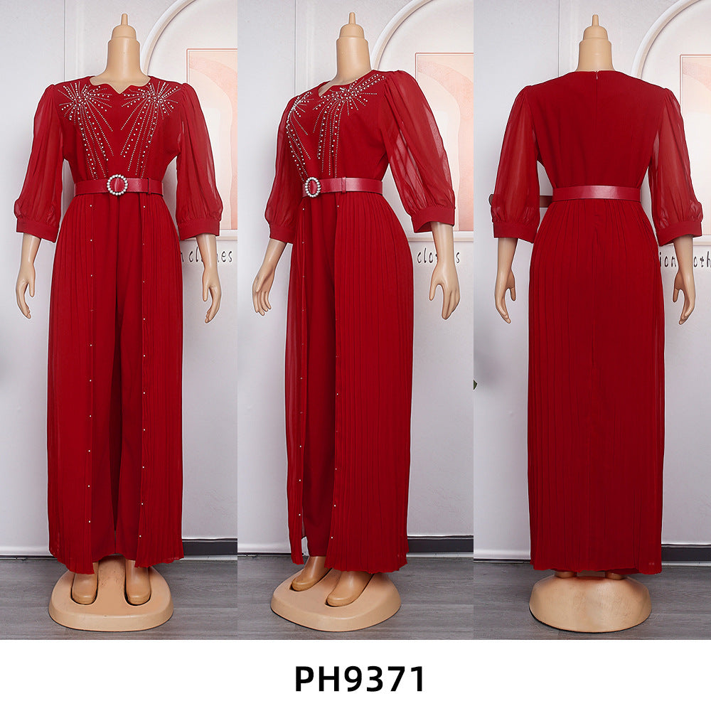 Elegant Rhinestone False Two-Piece Belted Dress