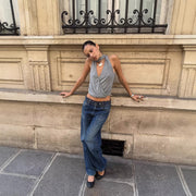 Deep V-neck Side-waist Pleated Slim-fit Tank Top With Ribbons