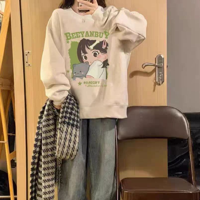 Cozy Fleece-Lined Cartoon Graphic Pullover Sweater