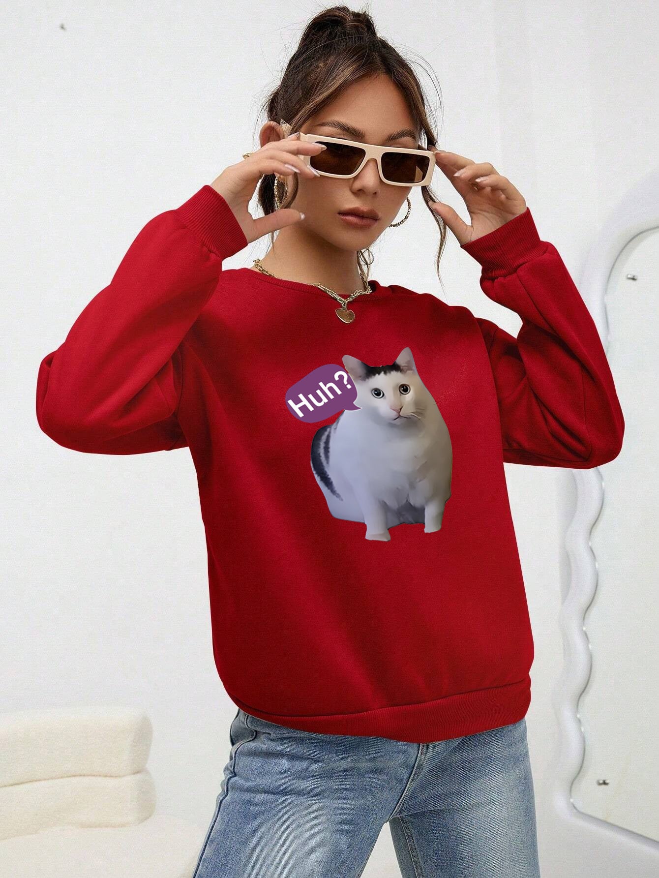 Cute Cat Print Women's Casual Pullover Sweater