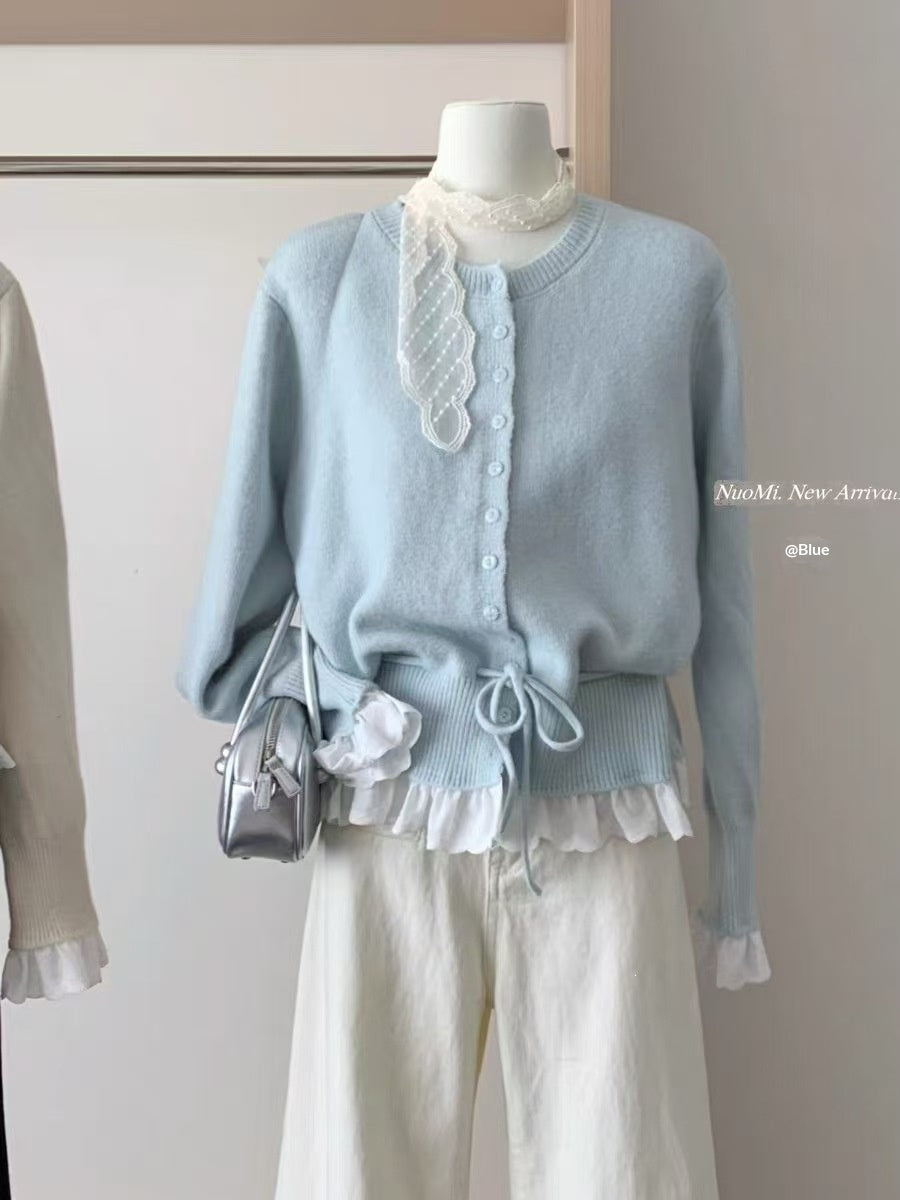 Womens Solid-color Defined-waistline Lace-patchwork Sweater