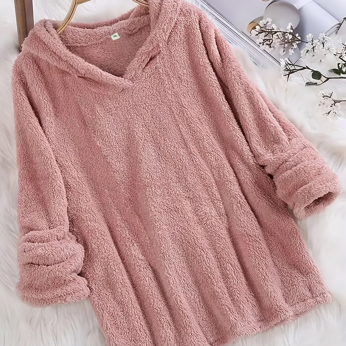 Plus Size Women's Solid Color Long Sleeve Hooded Fleece-Lined Plush Sweatshirt