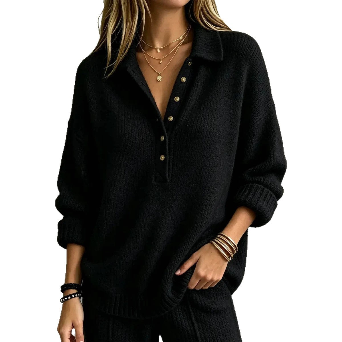 Solid-color Lapel Knit Sweater Outerwear for Women