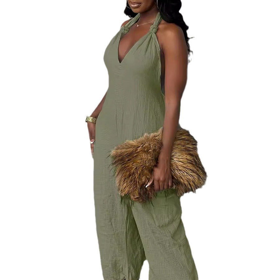 Long Skirt Linen Solid Color Jumpsuit With Belt