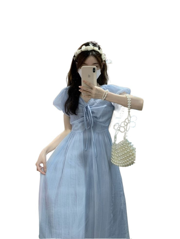 French-style Bohemian Lace-up V-neck Blue Puff-sleeve Dress