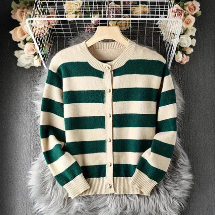 Women's Black and White Striped Knitted Cardigan Loose and Lazy Style High-grade Outer Wear Thick Sweater