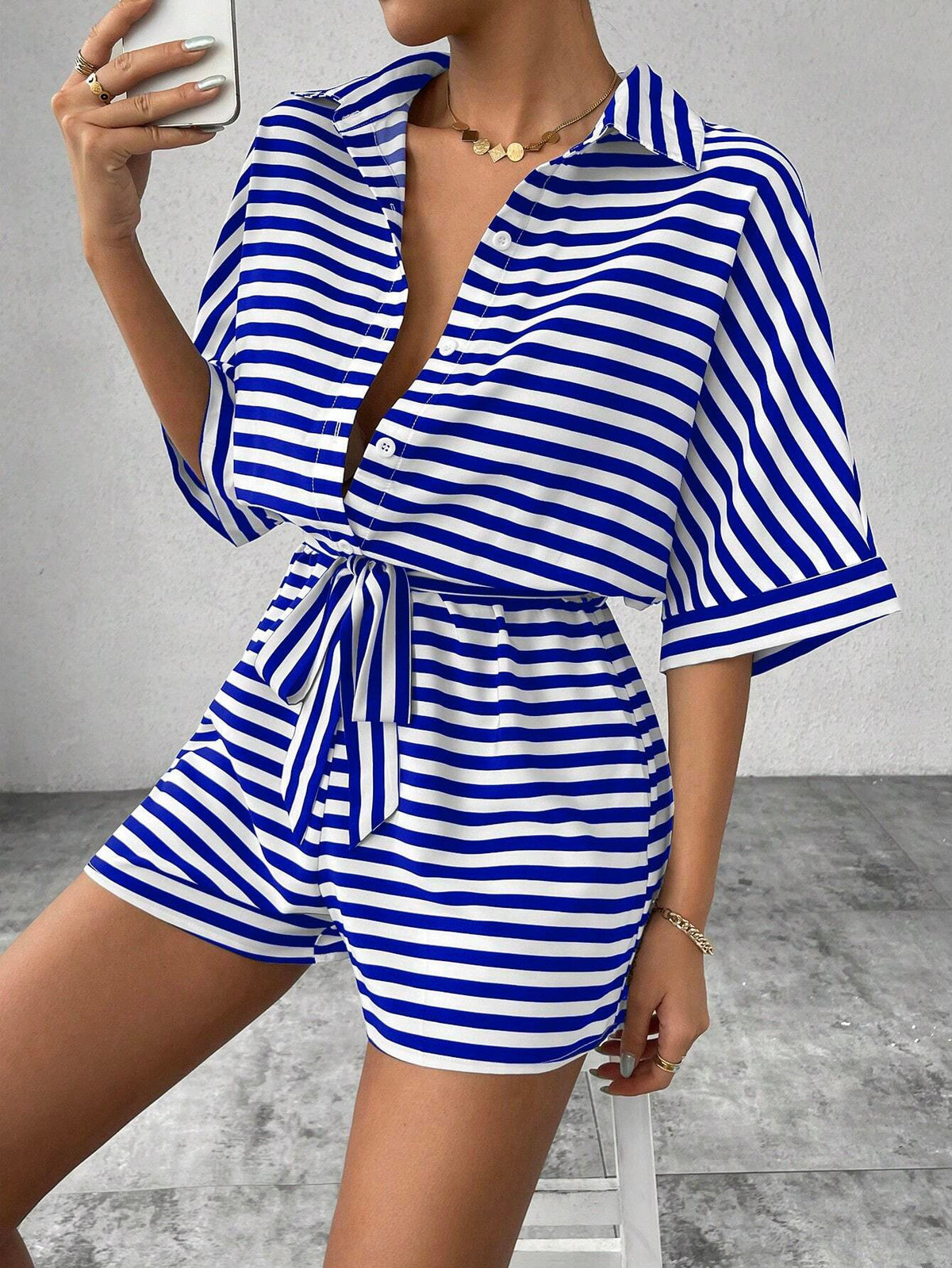 Women's Mid-Sleeve Color-Block Jumpsuit with Belt