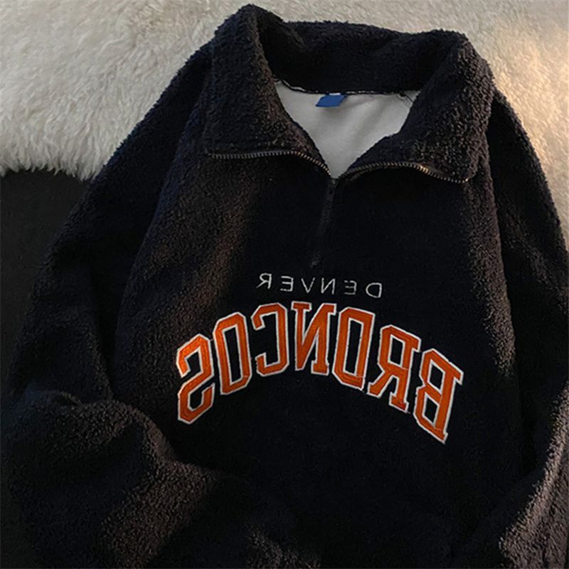 Cozy Retro Half-Zip Lambswool Hoodie with Embroidery