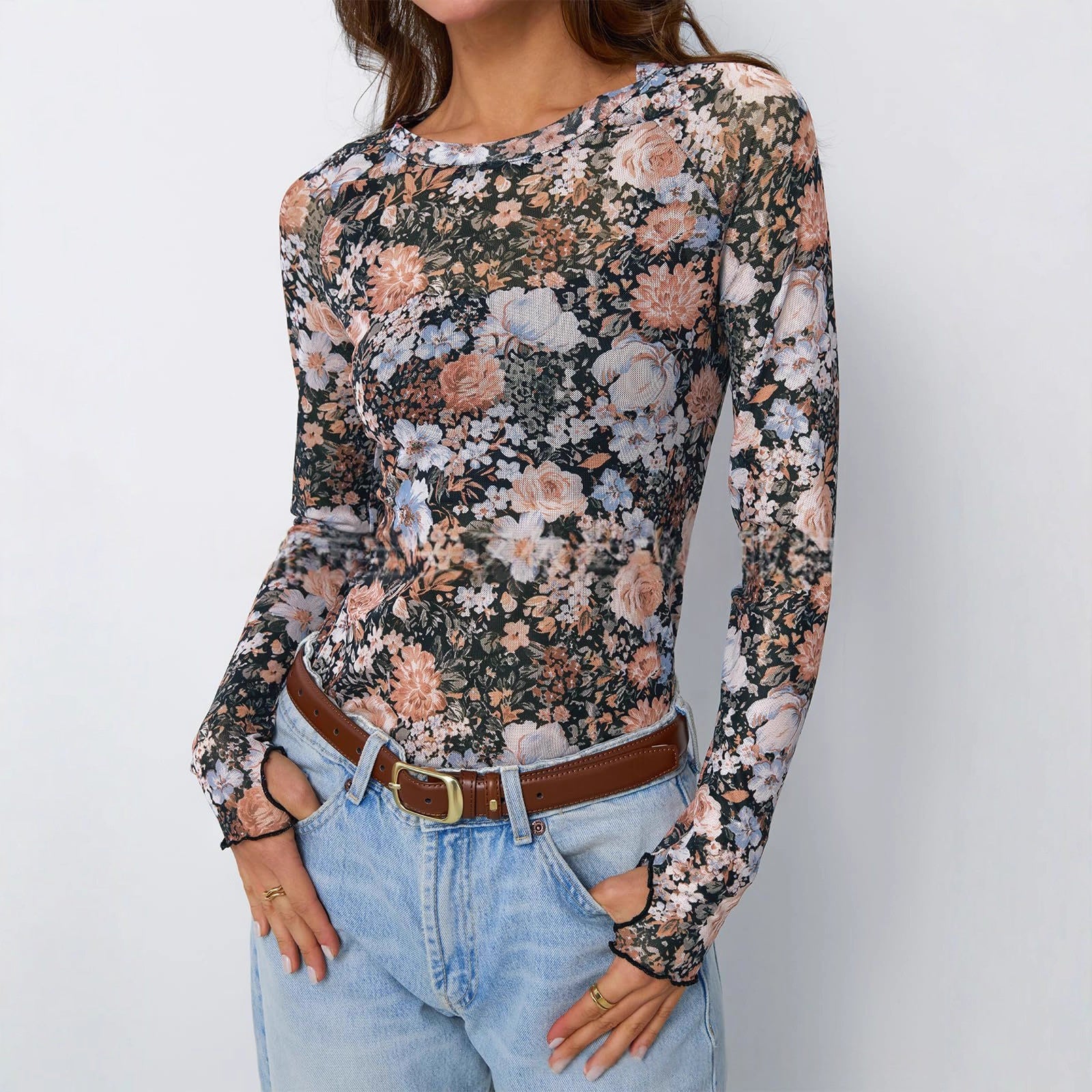 Sheer Mesh Tulle Long‑Sleeve Crew Neck Top – Slim Fit, Elegant Look
