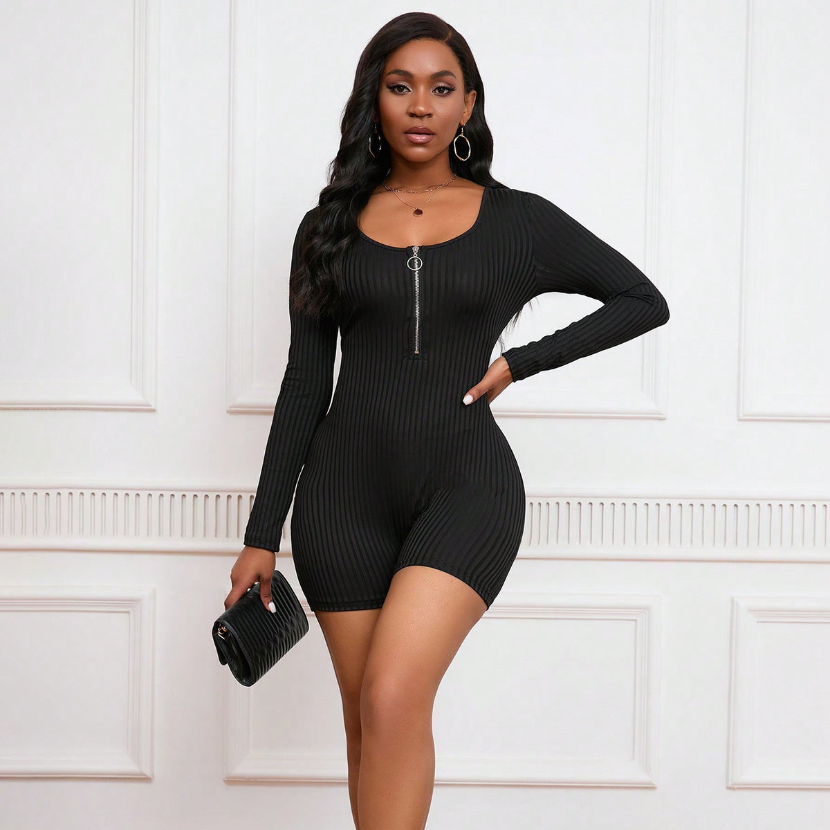 Fashionable Zippered Knitted Long Sleeve Jumpsuit