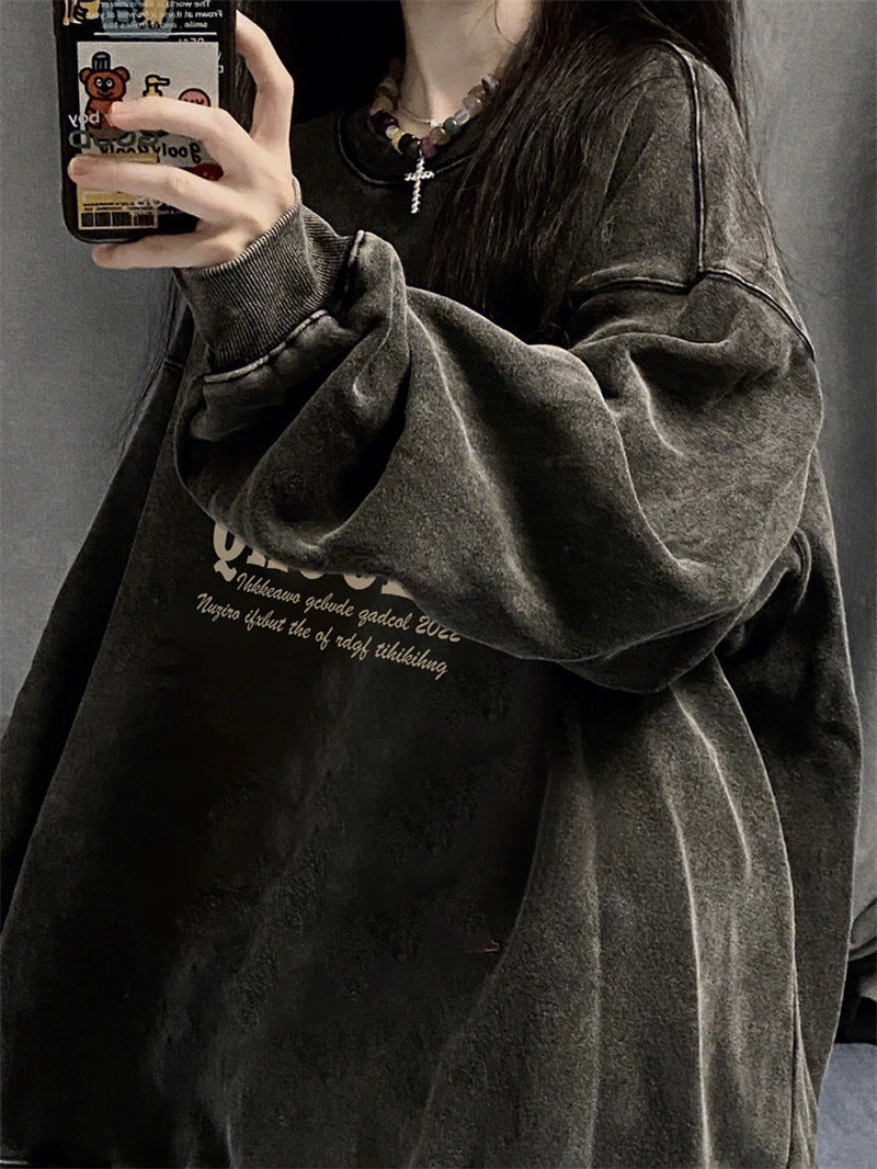 Retro Distressed Washed Cotton Women's Pullover Sweater