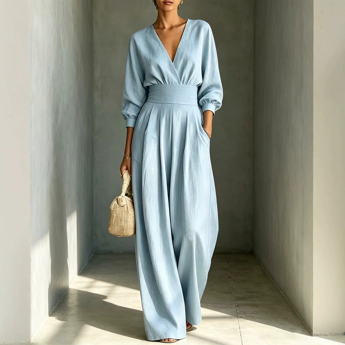 V-Neck Long-Sleeve Fitted Waist Wide-Leg Jumpsuit
