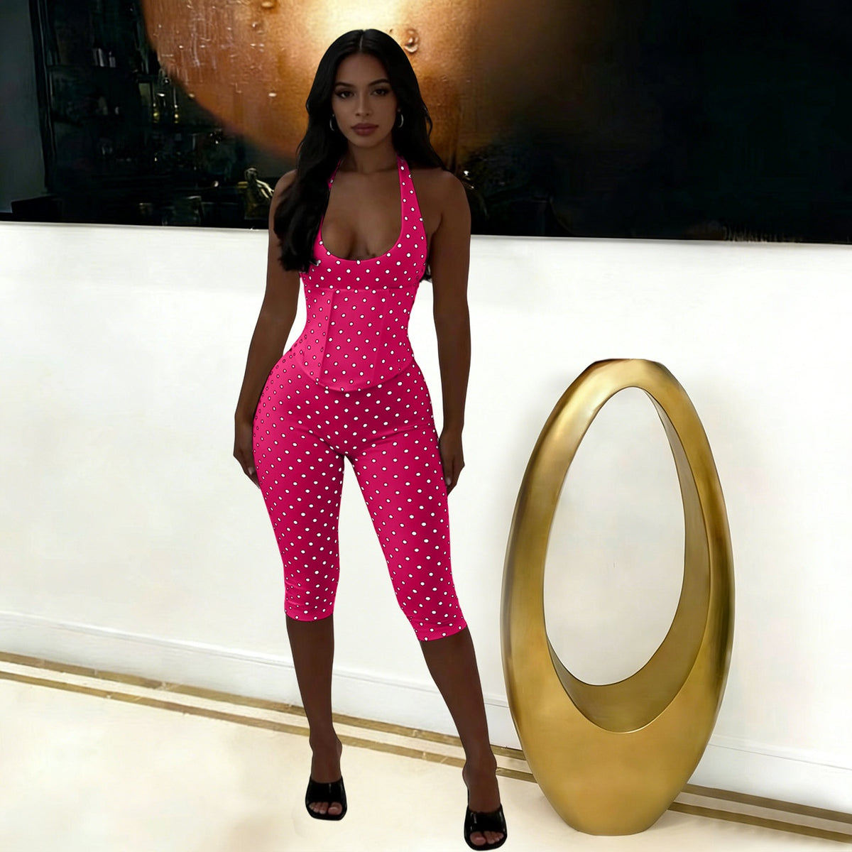 Womens Halterneck Polka-Dot Fishbone Zipper-Waist Cropped Jumpsuit