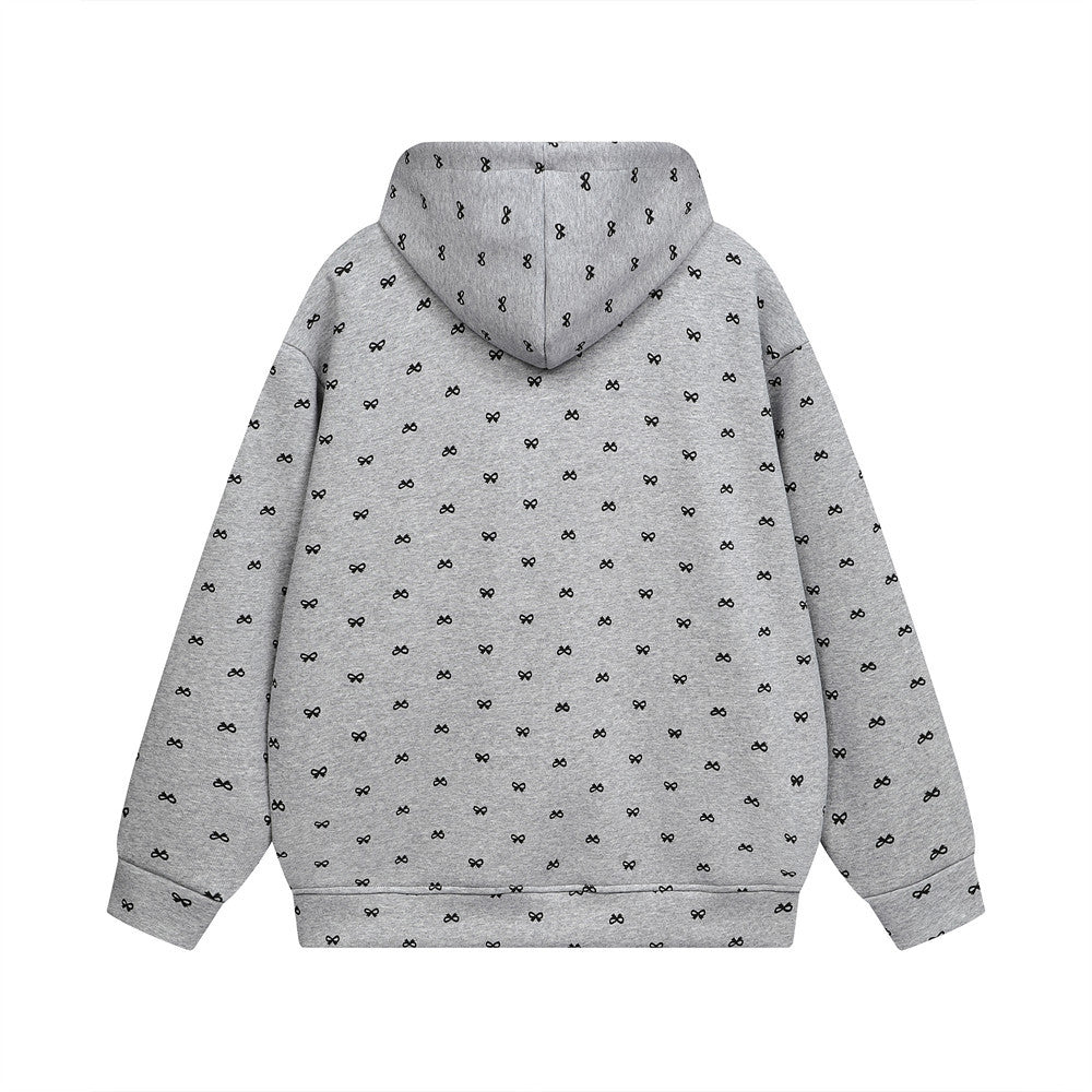 Trendy Bow Print Zip-Up Hoodie Streetwear Sweater