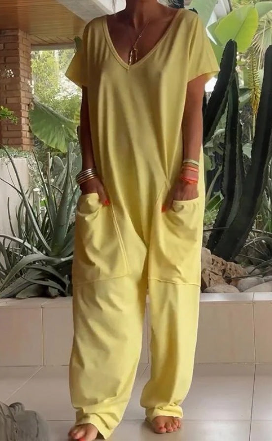 Oversized V-Neck Pocket Jumpsuit Casual Romper