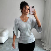 Casual V-Neck Knitted Top – Cozy, Stylish & Versatile Women's Tee