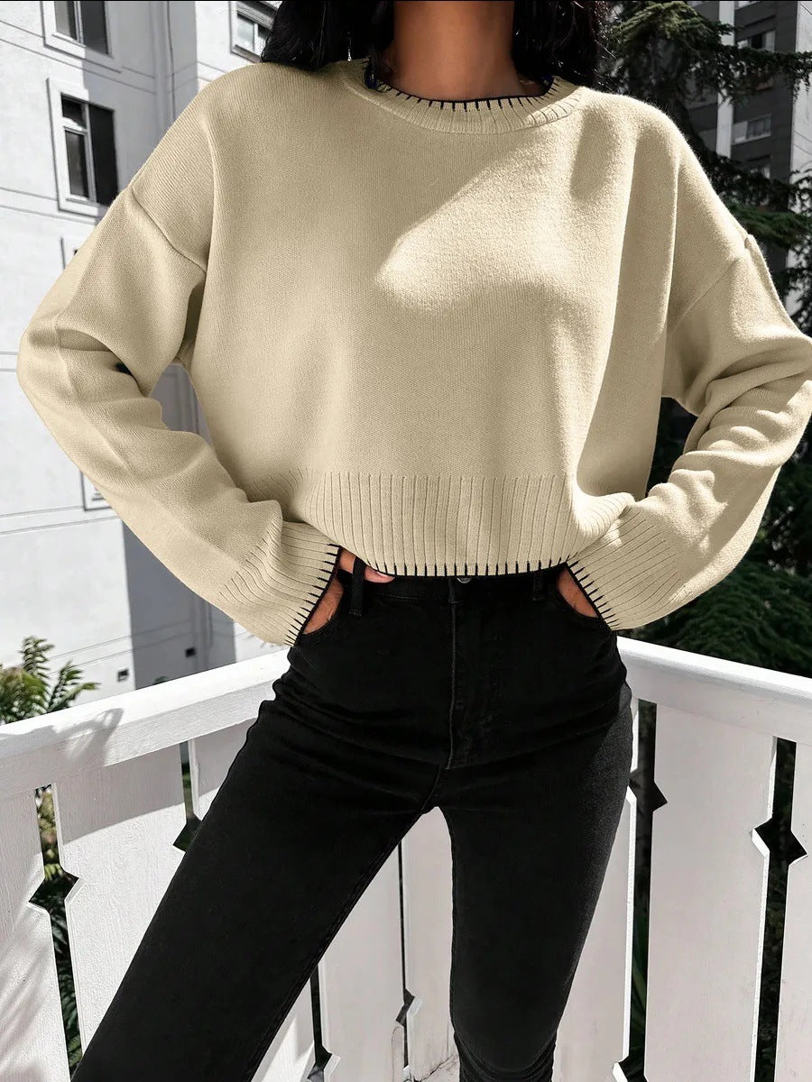 High-waisted Color-block Loose-fitting Cropped Pullover Knit Sweater