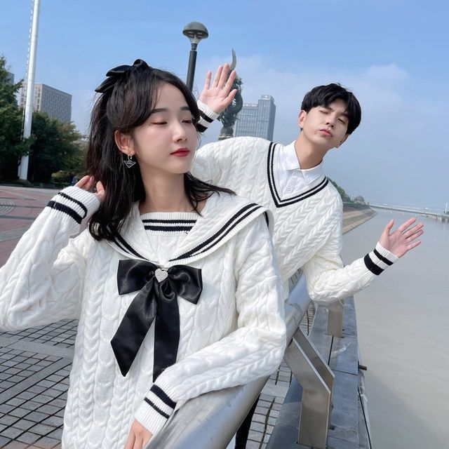 New Japanese-style Color-blocked Round-neck Thick Fairy Sweater in White