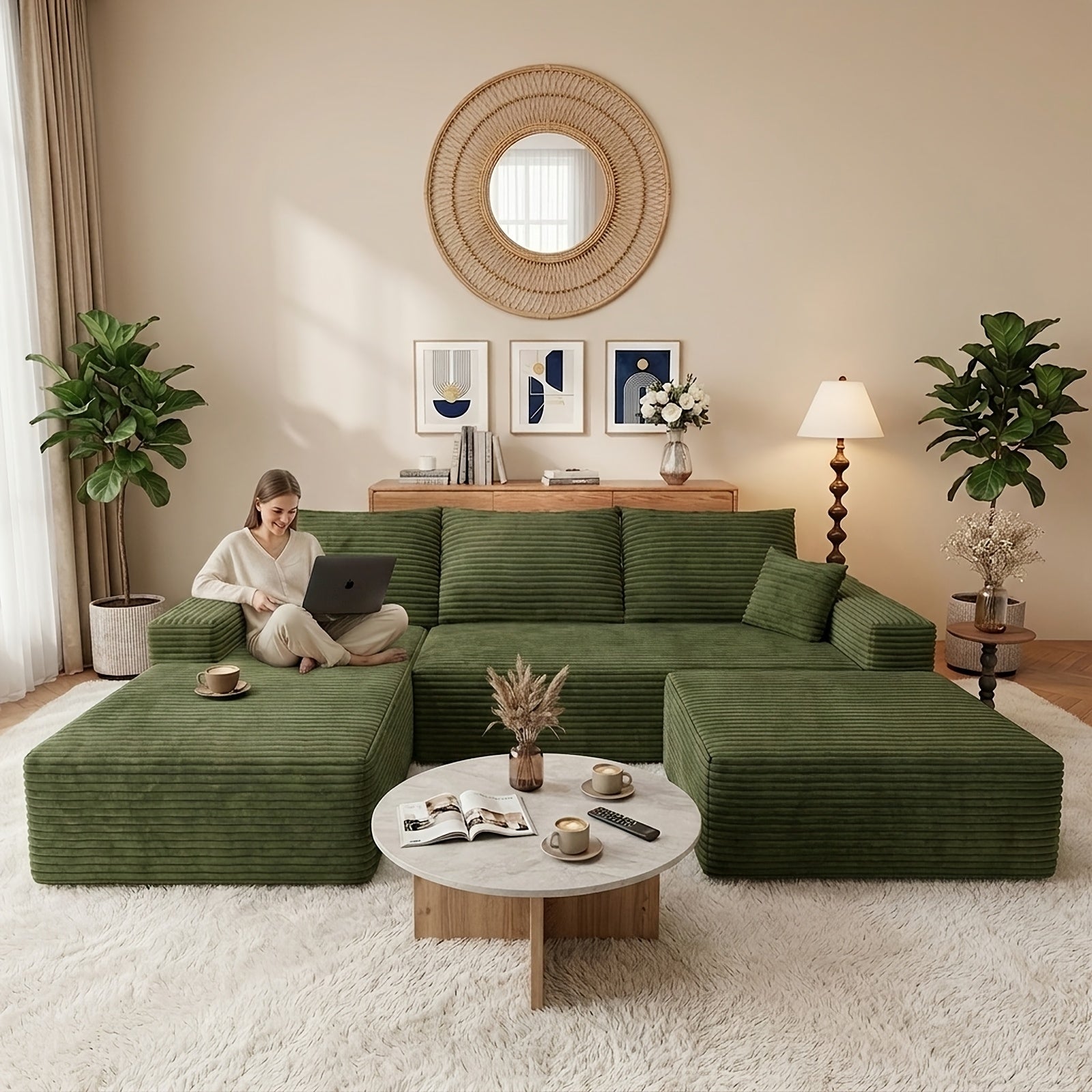 Modular L-shaped chaise longue sofa bed with deep seat and corduroy upholstery