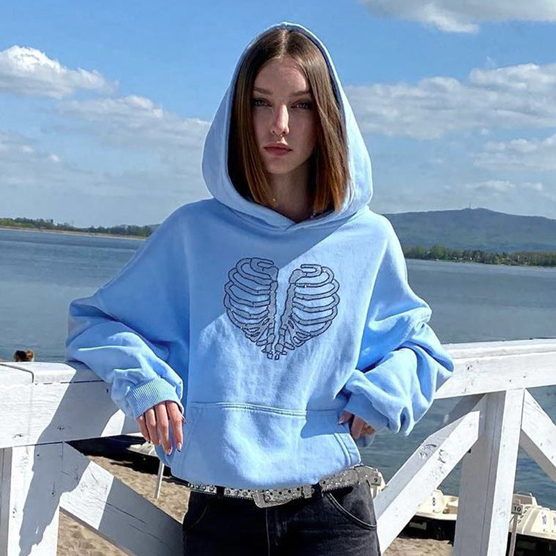 Sparkly Skeleton Rhinestone Y2K Loose Hoodie