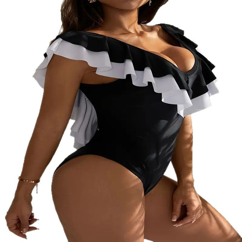 Black & White Ruffled Tummy-Flattering One-Piece Swimsuit