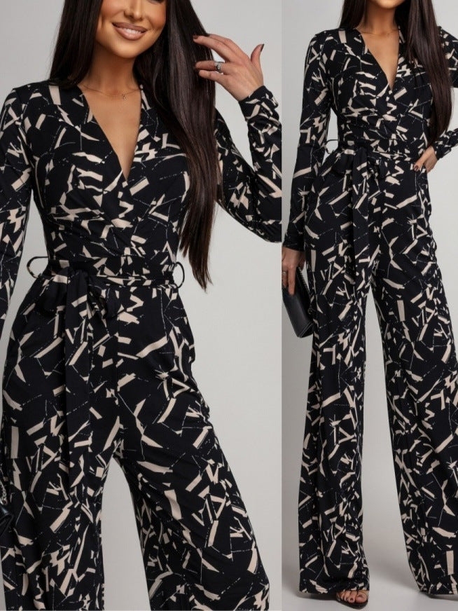 European And American V-neck Printed Long-sleeve Jumpsuit