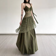 Retro-style Lace-panel V-neck Slip Dress