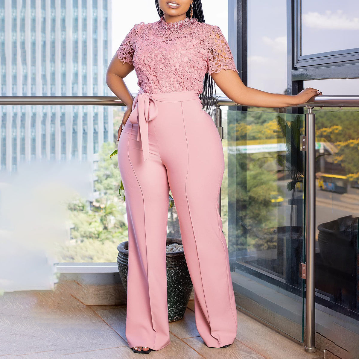 Lace Hollow-Out High-Waist Wide-Leg Jumpsuit