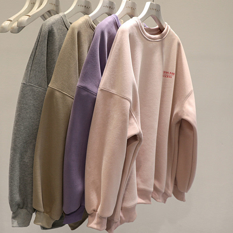 Women's Fleece-Lined Thick Lazy Round Neck Loose Sweatshirt