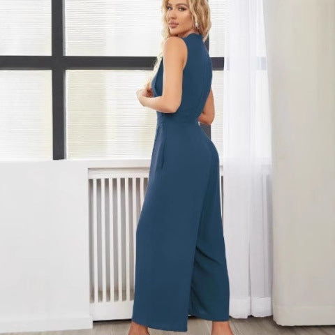 Elegance Sleeveless High-Waist Tie-Up Straight-Leg Jumpsuit