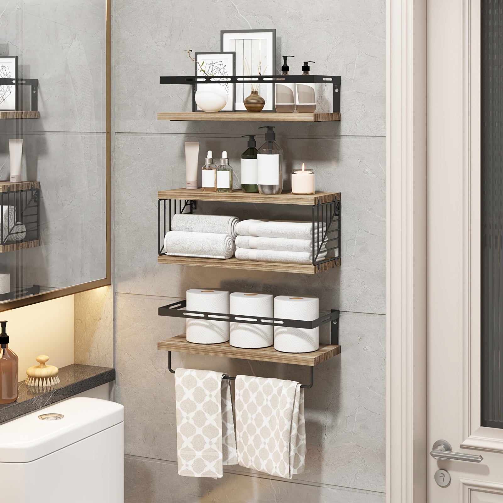 3+1 Tier Wall Mounted Bathroom Shelves Over Toilet, Farmhouse Shelf Toilet Paper Storage, Wood Floating Shelves for Room Decor, Wall Dresser, Heavy Duty Shelves, Bathroom Storage And Accessories…