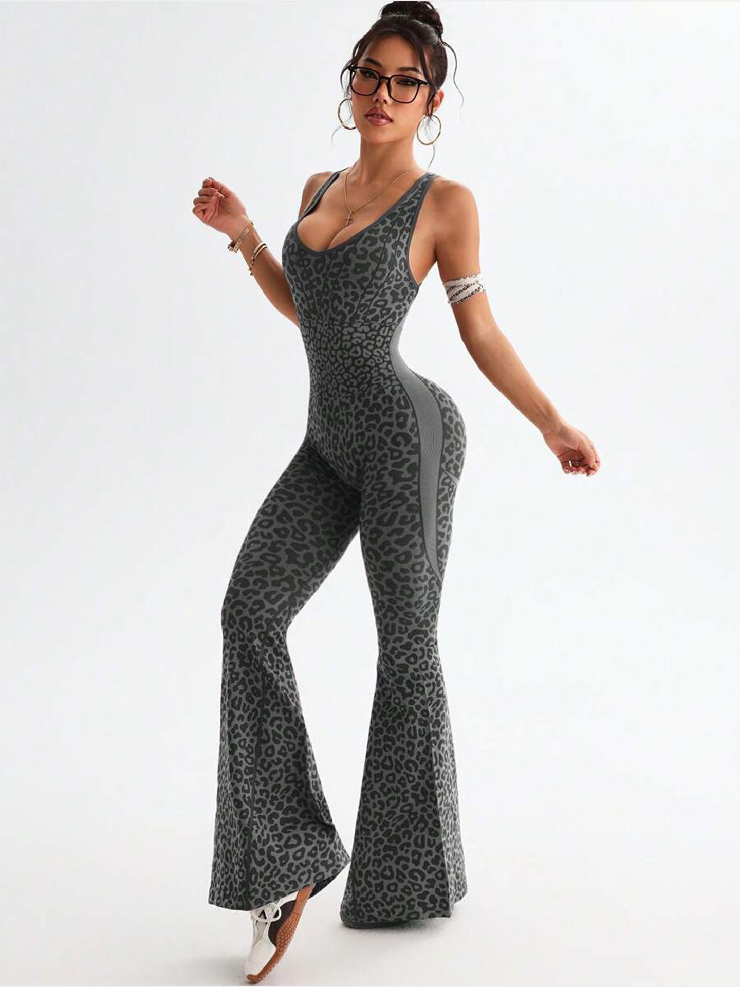 Women's Leopard Print Crisscross Back Seamless One-Piece Yoga Jumpsuit For Fitness & Sports