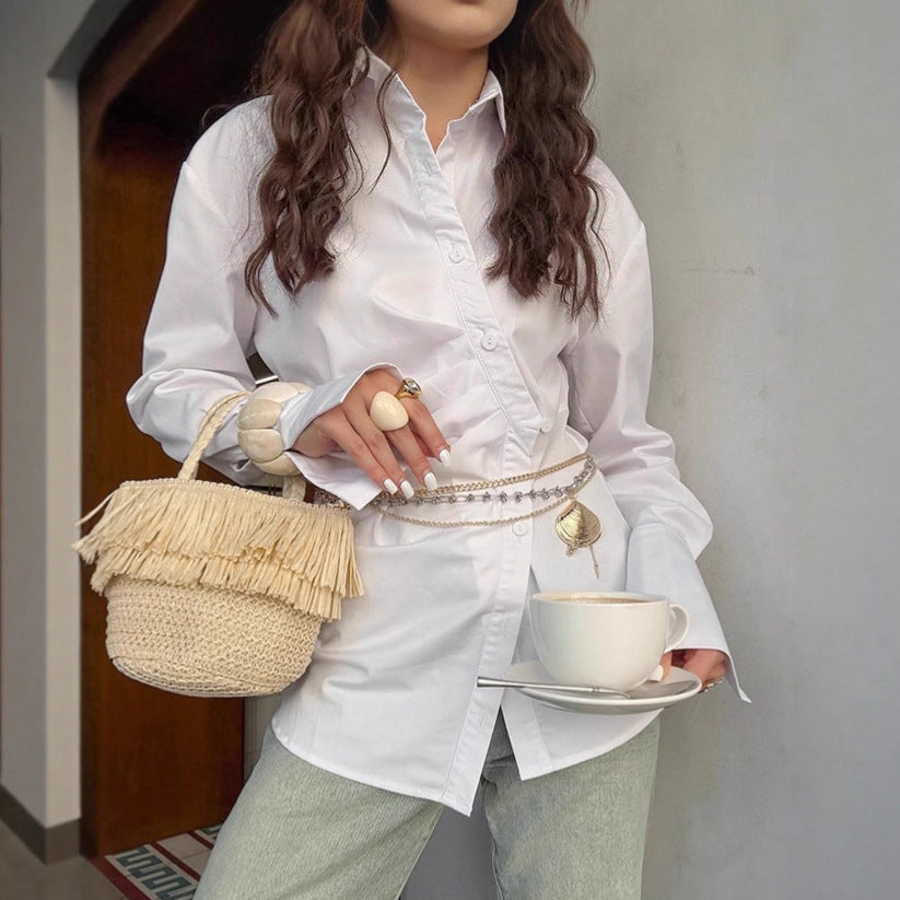 French Style Temperament Lapel White Shirt For Women Autumn