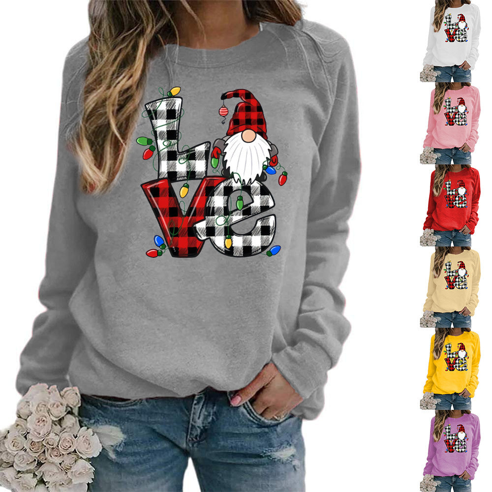 European And American Santa Claus Plaid Love Printed Round Neck Long Sleeve Sweater Coat Ladies