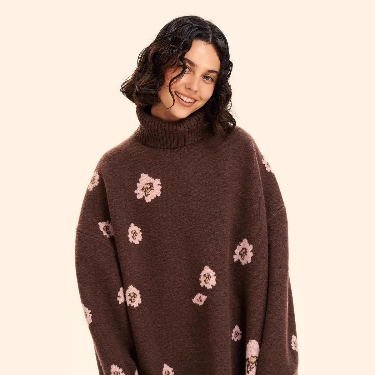 Women's Flower Jacquard Turtleneck Sweater