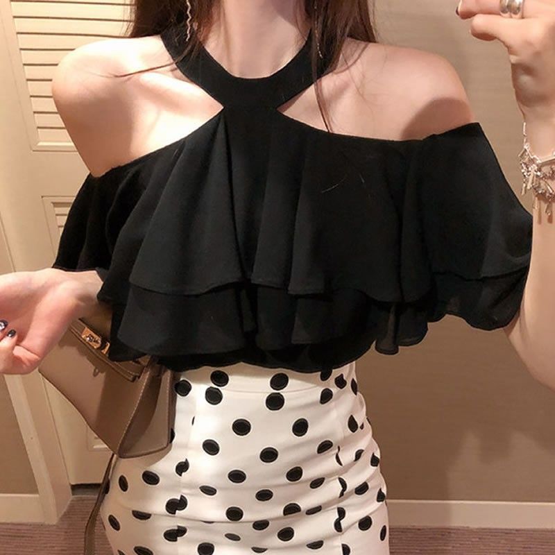 Elegant Ruffled Off‑Shoulder Halter Top – Summer Chic