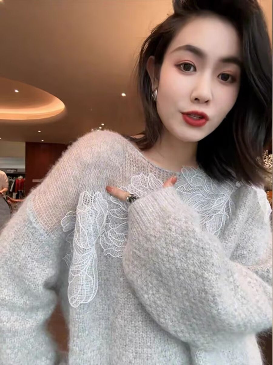 Womens Designer Lace-panel Hollow-out Sweater