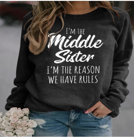 Middle Sister Print Casual Round Neck Pullover Sweater