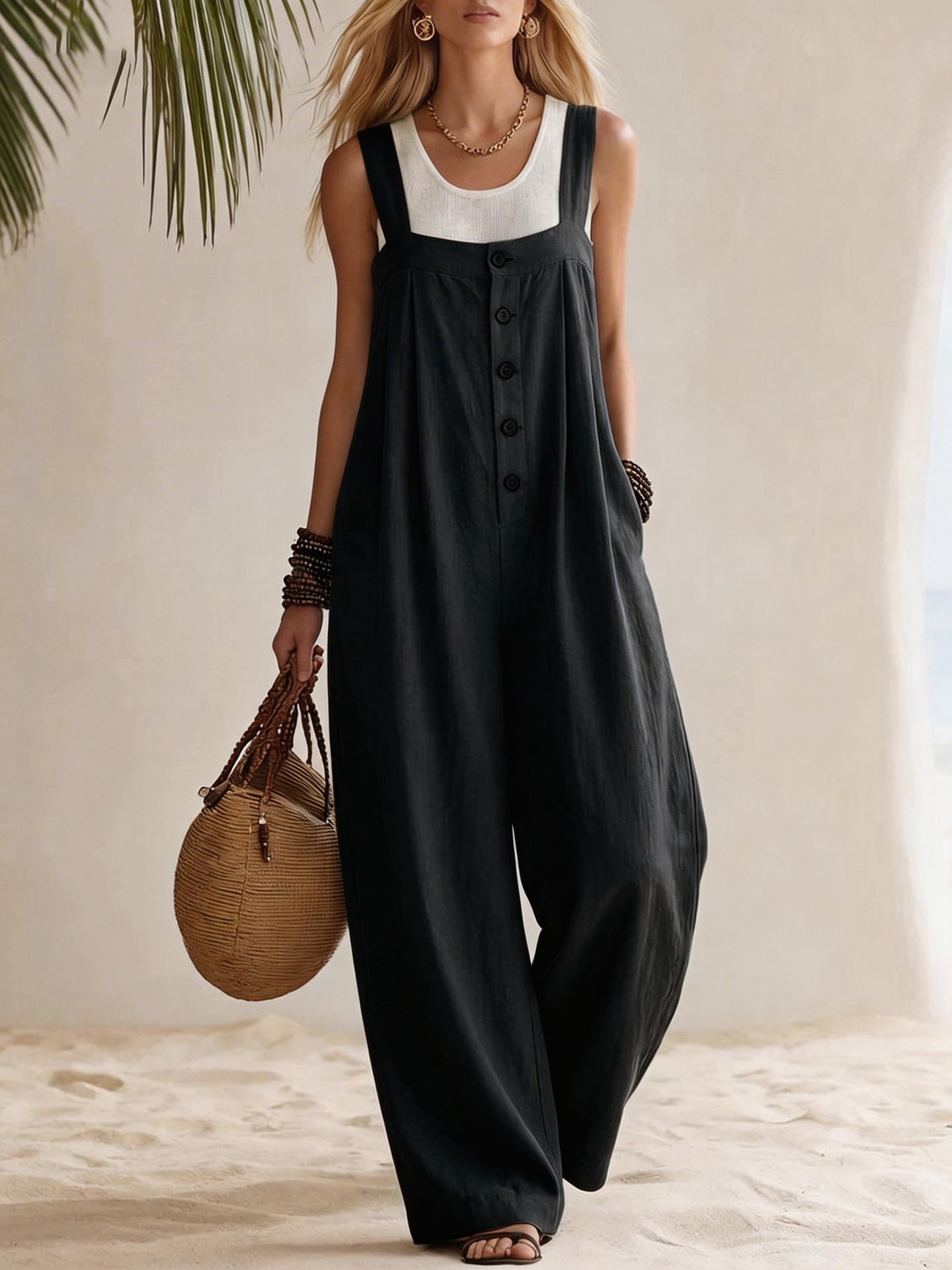 Bohemian Button-Front Suspender Jumpsuit