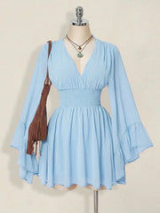 Womens Solid-color Fashionable V-neck Waist-cinching Dress