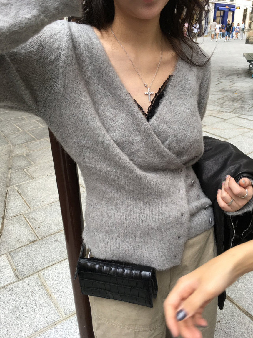 Slimming Long-sleeved Knitted Sweater with Diagonal Button-down Design Women's Top