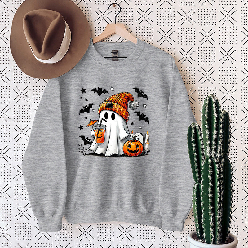 Women's Cute Halloween Ghost & Pumpkin Graphic Sweatshirt