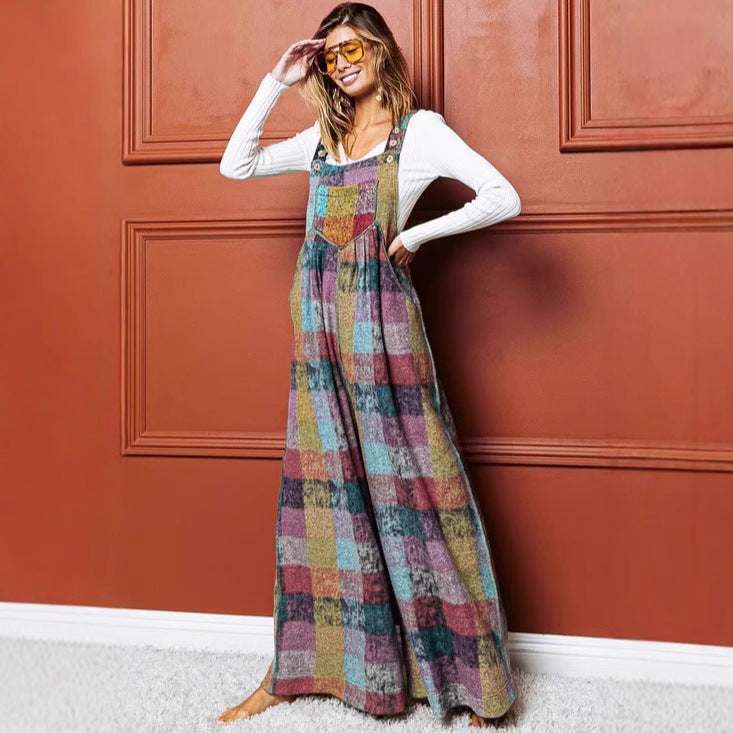 Women's Multi-color Plush Plaid Wide-leg Overalls