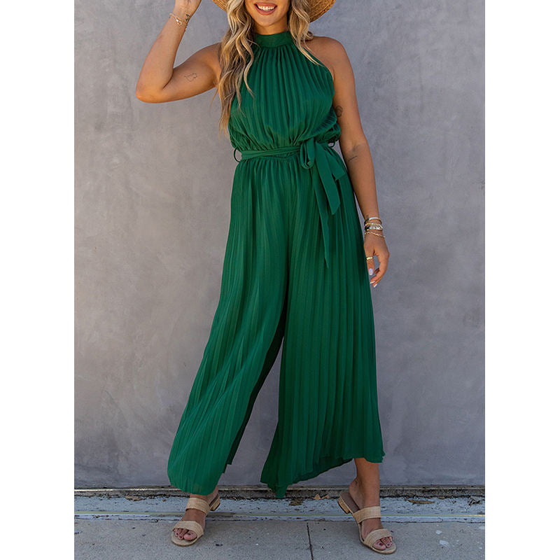 Off-Shoulder Halter Pleated Jumpsuit