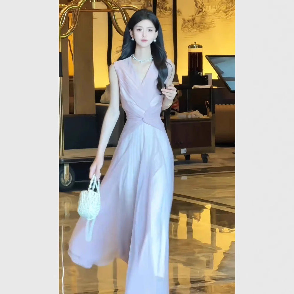 Elegant French Hepburn Sleeveless Knot A-Line Dress