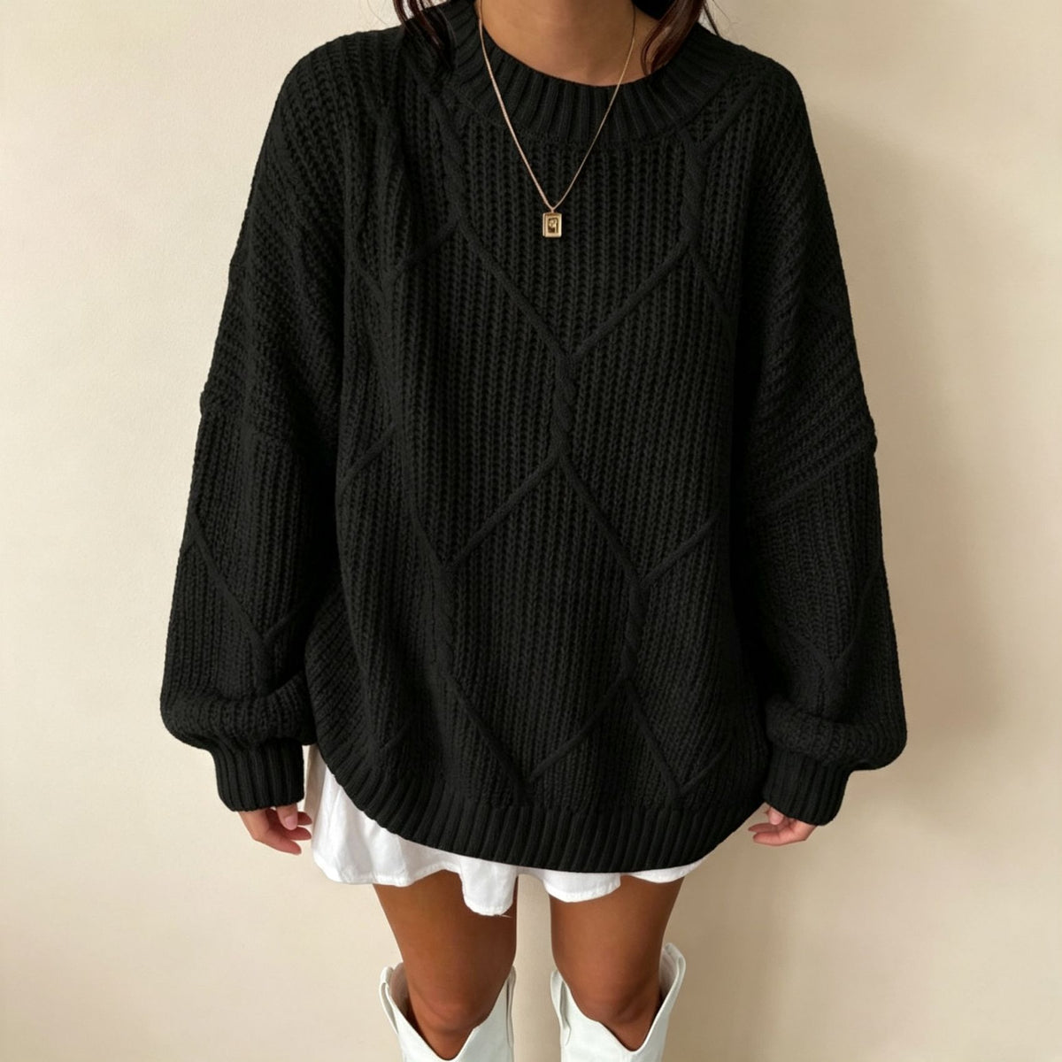 Womens Loose Knitted Sweater Solid-color Pullover