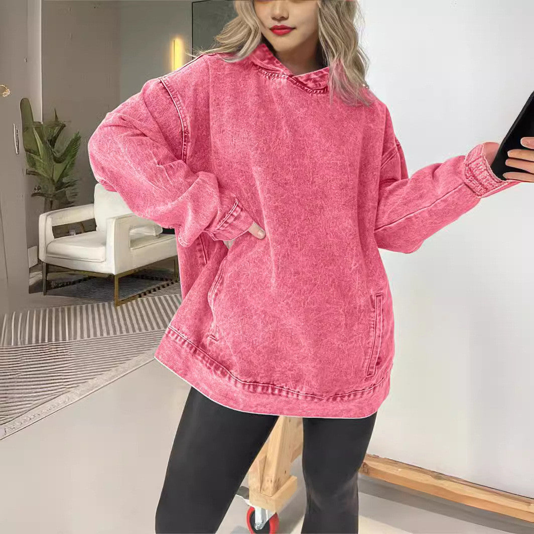 Women's Loose Hooded Denim Pullover Streetwear Hoodie