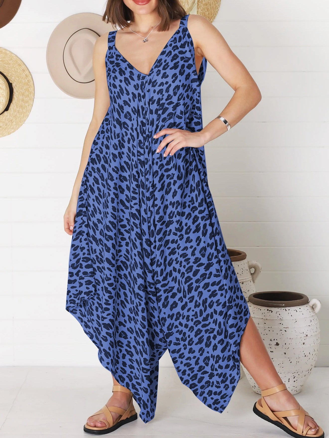 Leopard Print Wide Leg Jumpsuit Backless Romper