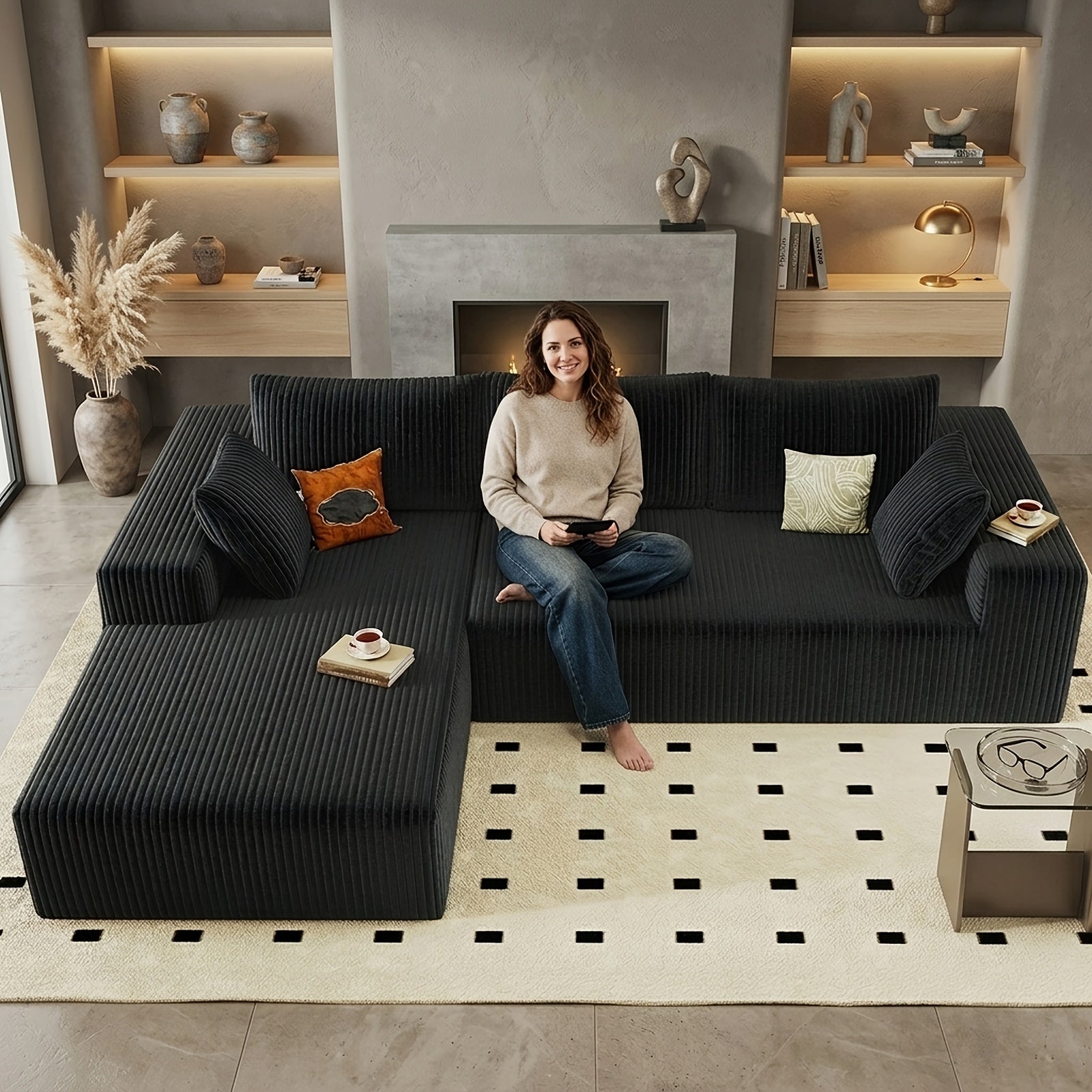 Modular L-shaped chaise longue sofa bed with deep seat and corduroy upholstery